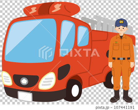 はしご消防車と消防士の男性 防災 レスキュー はしご消防車と消防士の男性 防災 レスキュー 107441191