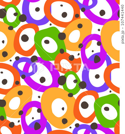 Free hand drawn doodle circles seamless pattern swatch. Random blob brush ink stroke rounded bright shapes, rainbow colour palette, spotted dots. White colour background 107441440