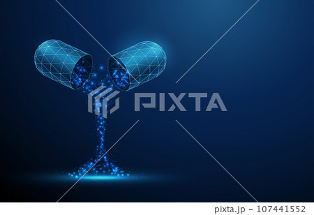 Abstract opened blue medical drug capsule with falling particles. Healthcare medical pharmacy concept. Low poly style 107441552