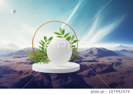 Image of a white round podium mockup, framed with fresh green leaves for presenting organic cosmetic products. Created with generative AI tools 107442474