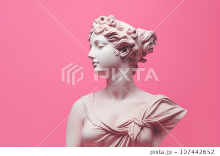 female statue on pink background, beautiful stone greek female statue on pink backdrop. Created with generative AI tools 107442652