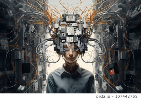 A surreal image of a man with a computer motherboard for a head, wearing a blue shirt, against a symmetrical server room background. Created with generative AI tools 107442765