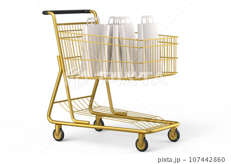 Shopping cart or trolley with shopping bag on white background. 107442860