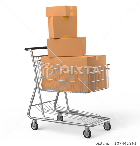 Shopping cart or trolley with cardboard boxes on white background. 107442861