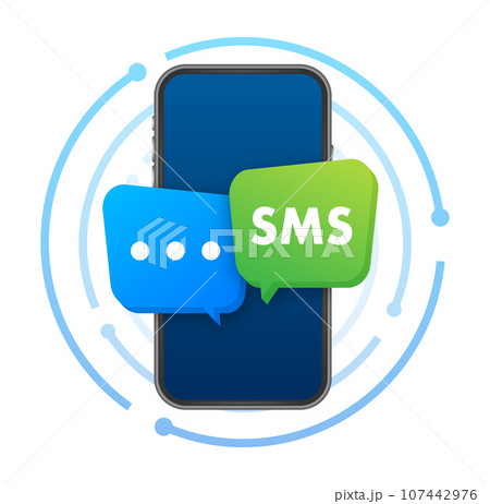 Blue and green speech Bubbles with the word Sms on them. Mobile mail marketing, e-commerce, internet advertising and promotion 107442976