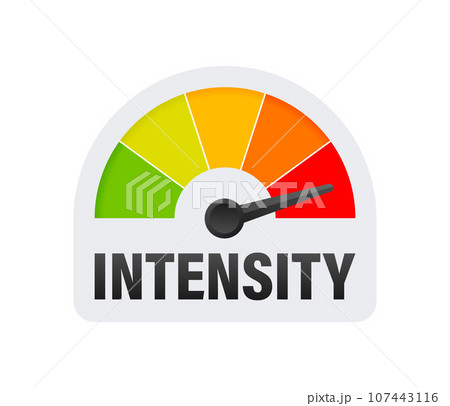 Intensity Level Meter, measuring scale. Intensity Level speedometer indicator. Vector stock illustration Intensity Level Meter, measuring scale. Intensity Level speedometer indicator. Vector stock illustration 107443116