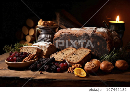 Traditional food for orthodox Christmas eve. Yule log or badnjak, bread, cereals, dried fruits and burning candle on wooden table. Traditional food for orthodox Christmas eve. Yule log or badnjak, bread, cereals, dried fruits and burning candle on wooden table. 107443182