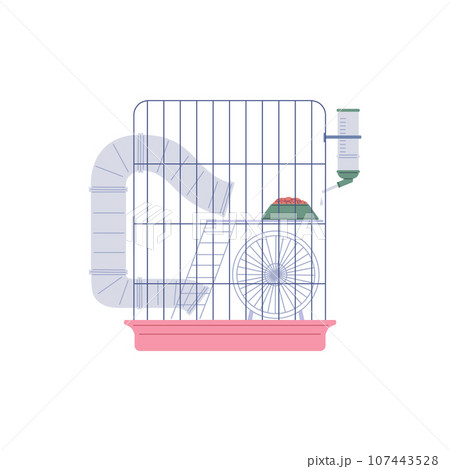 Hamster cage with tunnel, exercise wheel, ladder, water bottle, bowl with feed, vector home for little animal, mouse Hamster cage with tunnel, exercise wheel, ladder, water bottle, bowl with feed, vector home for little animal, mouse 107443528