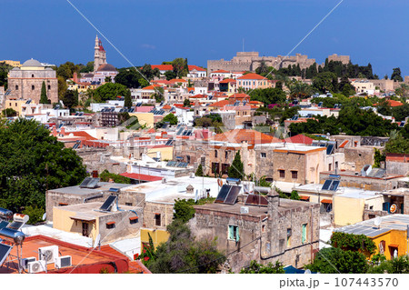 Aerial view of the old medieval part of the city on the island of Rhodes. 107443570
