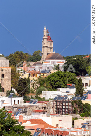 Aerial view of the old medieval part of the city on the island of Rhodes. Aerial view of the old medieval part of the city on the island of Rhodes. 107443577