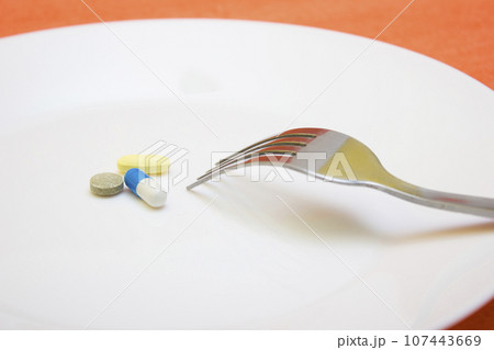 Pills and capsules with fork - food, protection quarantine, coronavirus, covid19 107443669