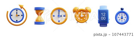 Set of various clocks and watches in cute 3d style, vector illustration isolated on white background. 107443771