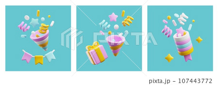 Set of squared banners with realistic party poppers and holiday decor 3D style Set of squared banners with realistic party poppers and holiday decor 3D style 107443772