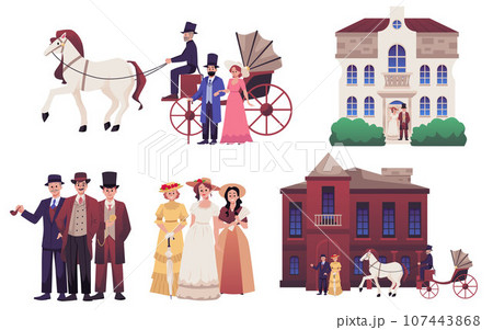 19th century old town victorian set of classic european architecture and people, vector isolated illustration 107443868