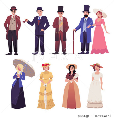 Vector cartoon men, women in classic Victorian style costumes, aristocratic vintage clothing, Historical fashion set 107443871