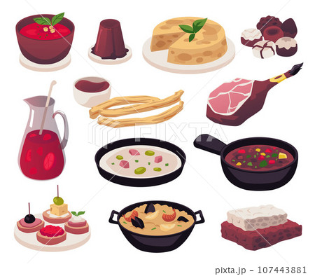 Spanish food best known dishes collection, flat vector illustration isolated. Spanish food best known dishes collection, flat vector illustration isolated. 107443881