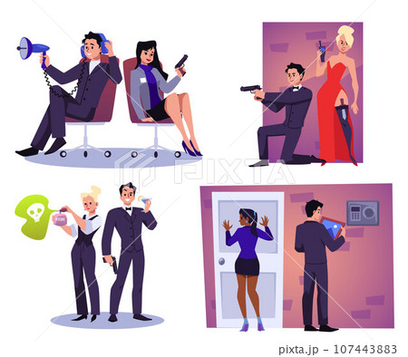 Secret agent mission scenes collection, flat vector illustration isolated. 107443883