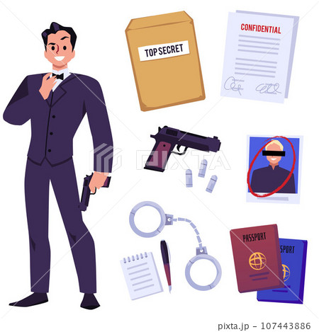 Set isolated cartoon vector of secret agent confidential documents, passports, handcuff, cartridge and elegant man in suit with gun 107443886