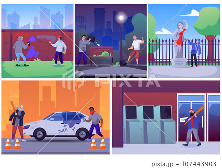 Set of vandalism scenes flat style, vector illustration Set of vandalism scenes flat style, vector illustration 107443903