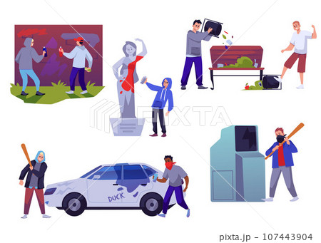 Vandals and hooligans damaging public property, set of flat vector illustrations isolated on white background. 107443904