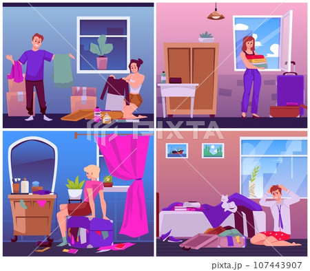 Set of vector illustrations of men, women, people are packing their suitcases, baggages against the backdrop of rooms Set of vector illustrations of men, women, people are packing their suitcases, baggages against the backdrop of rooms 107443907