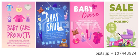 Set of posters or vertical banners about baby care products flat style Set of posters or vertical banners about baby care products flat style 107443924