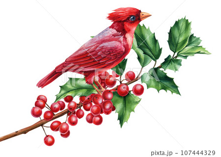 Red cardinal and holly branch, watercolor bird illustration isolated on white background, Symbol of Christmas 107444329
