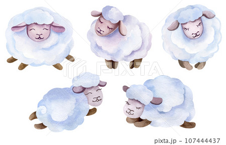 Set of watercolor illustrations of cartoon sheep. Fluffy animals on a white background, hand drawn. Set of watercolor illustrations of cartoon sheep. Fluffy animals on a white background, hand drawn. 107444437