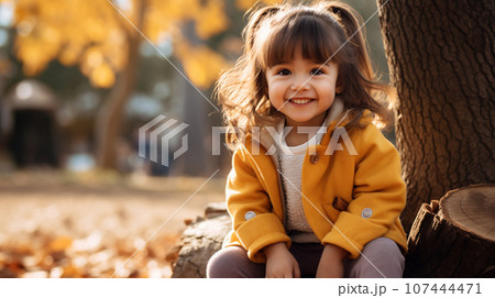 秋の森の中で切り株に座って楽しそうに微笑む美しい女の子のポートレート 107444471