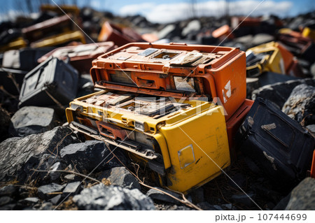 A dump of broken electric batteries 107444699