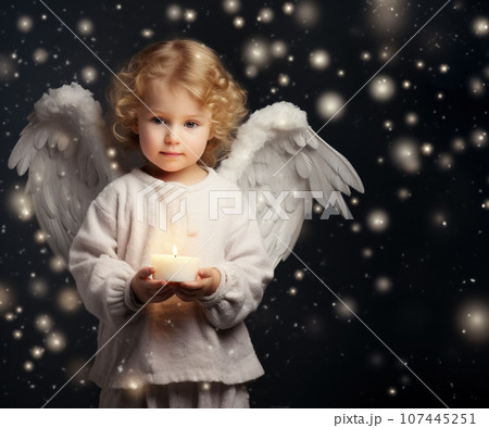 Adorable curly haired little Christmas angel boy with white wings and lit candle in his hands on dark snowy background. Generative AI 107445251