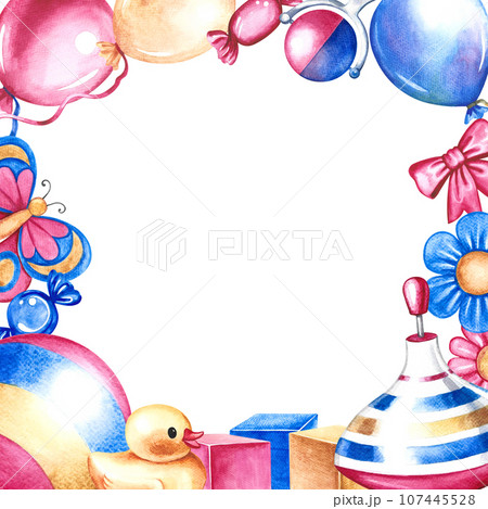 A frame with children's toys. Handmade watercolor illustration. For the design of children's books, greeting and invitation cards and flyers. For labels and packages of children's goods. A frame with children's toys. Handmade watercolor illustration. For the design of children's books, greeting and invitation cards and flyers. For labels and packages of children's goods. 107445528