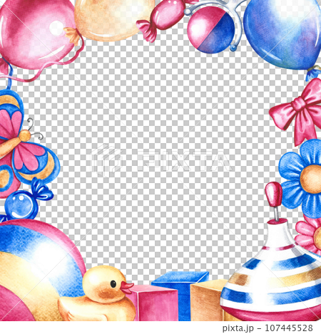 A frame with children's toys. Handmade watercolor illustration. For the design of children's books, greeting and invitation cards and flyers. For labels and packages of children's goods. A frame with children's toys. Handmade watercolor illustration. For the design of children's books, greeting and invitation cards and flyers. For labels and packages of children's goods. 107445528