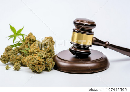 Cannabis leaf and judge gavel on white background. Marijuana and Law Cannabis leaf and judge gavel on white background. Marijuana and Law 107445596