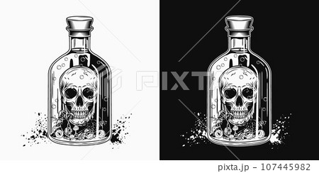 Hand drawn bottle of poison with human skull, eyeballs, mushrooms inside. Halloween black and white creepy illustration in vintage style. 107445982