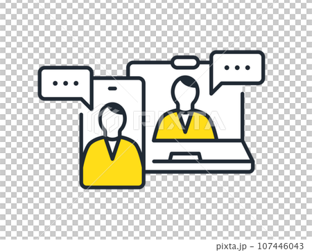 パソコン・スマートフォンでオンライン相談をするシンプルなベクターアイコンイラスト素材 107446043