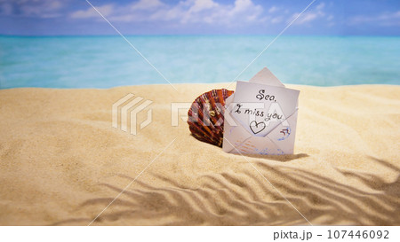 sea sand and shells on the beach of a tropical Paradise island under palm trees 107446092