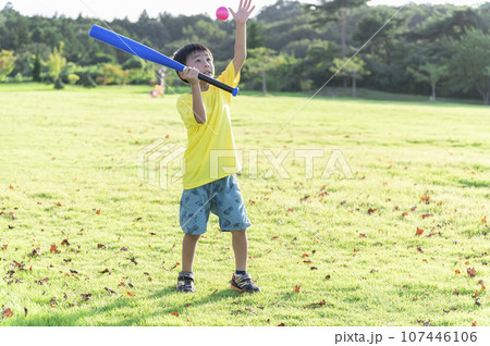 公園で野球をして遊ぶ幼い男の子 107446106