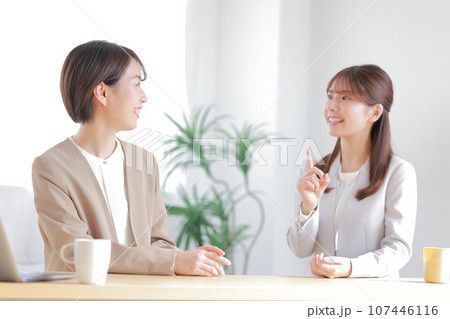 1on1_上司に思いついたアイデアを話すビジネスウーマン_1 107446116