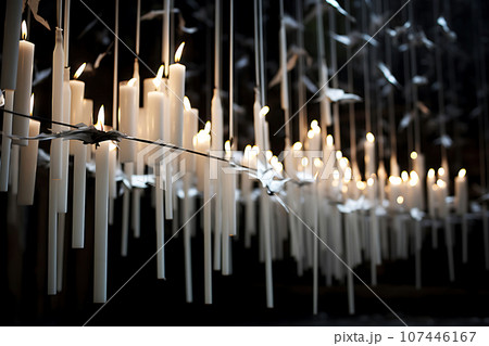 Long white candles float in the air. Halloween decor 107446167