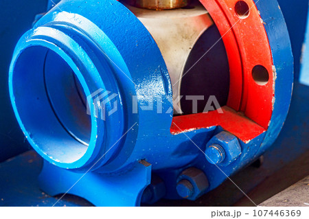 Close-up cross-section of ball stop valve. Training layout. Gasification equipment. 107446369