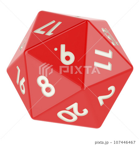 Red twenty sided die, icosahedron dice, 3D rendering 107446467