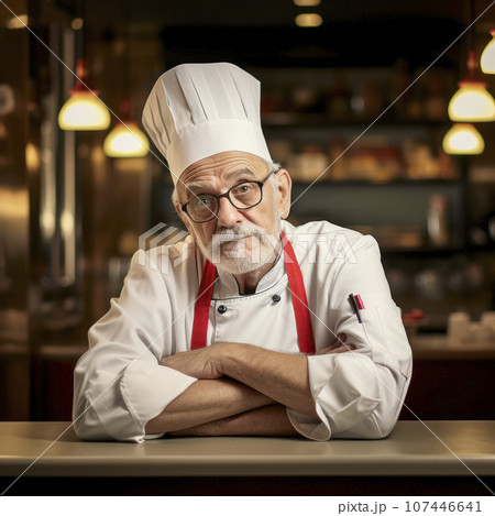 lifestyle photo humor an old elderly restaurant chef 107446641