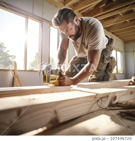 carpenter putting up joist in home construction carpenter putting up joist in home construction 107446720