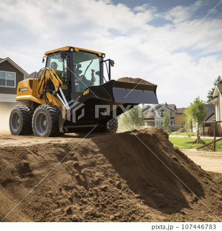 lifestyle photo skid steer with scoop shovel moving earth 107446783