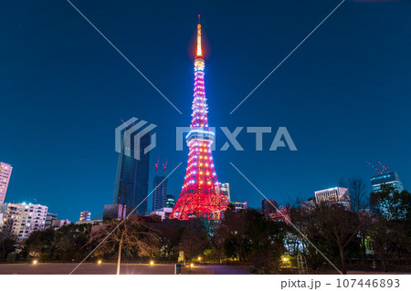 夜景「東京都」芝公園から眺めるライトアップした東京タワー 107446893