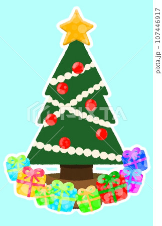 クリスマスツリーとプレゼントのイラスト素材【白いフチあり】 107446917