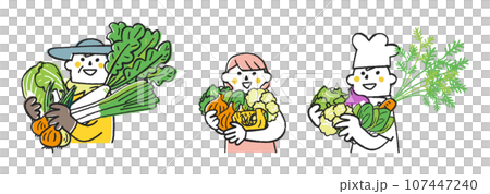 Autumn/winter sowing vegetables - Set of farmers, housewives, and cooks with lots of autumn/winter vegetables Illustration material 107447240