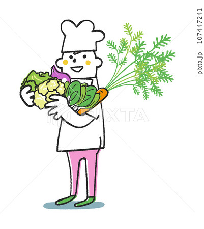 秋冬撒き野菜　秋冬野菜を沢山抱えたコックまたは料理人　イラスト素材 107447241