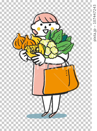 秋冬撒き野菜　秋冬野菜を沢山抱えたエプロン姿の女性または主婦　イラスト素材 107447243
